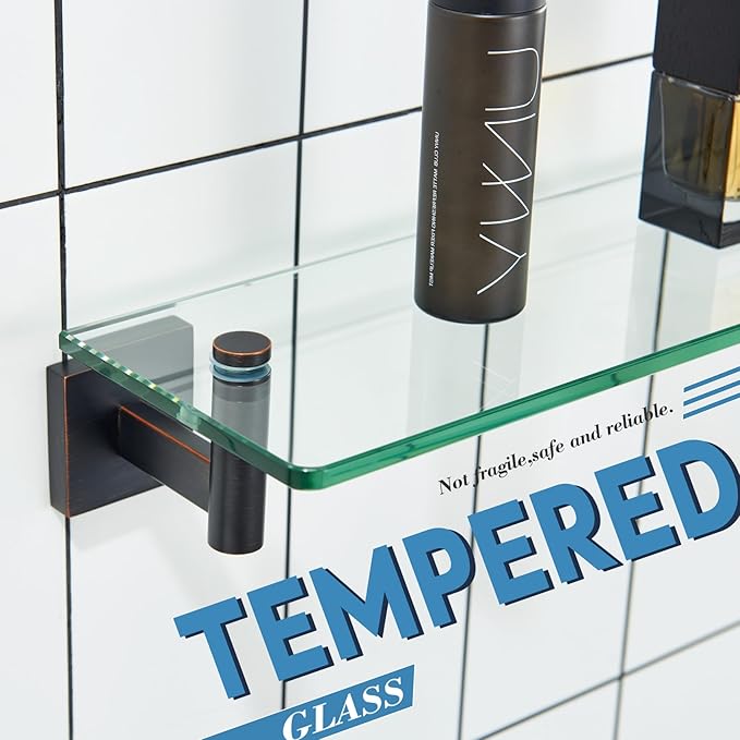 KOKOSIRI Wall Shelves Bathroom Hardware Glass Floating Shelf 16-Inch for Bedroom, Living Room, Kitchen, Hanging Rack Oil Rubbed Bronze B1105ORB-L16