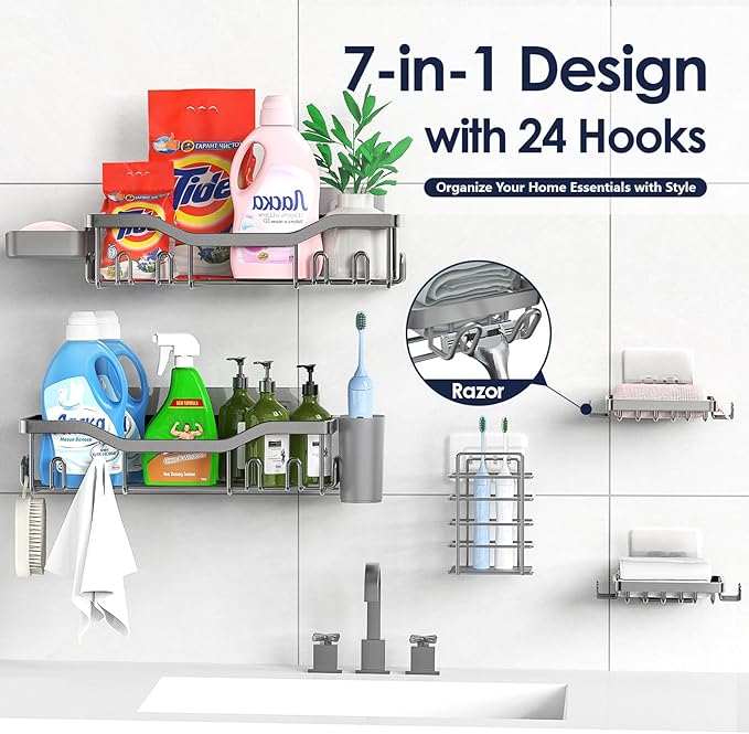 Shower Caddy Adhesive Shower Organizer 7-Pack, Rustproof Stainless Steel Bathroom Shelves, Large Capacity No-Drill Rack Storage Accessories with Soap Dish Toothbrush Holder Hooks (Gray)