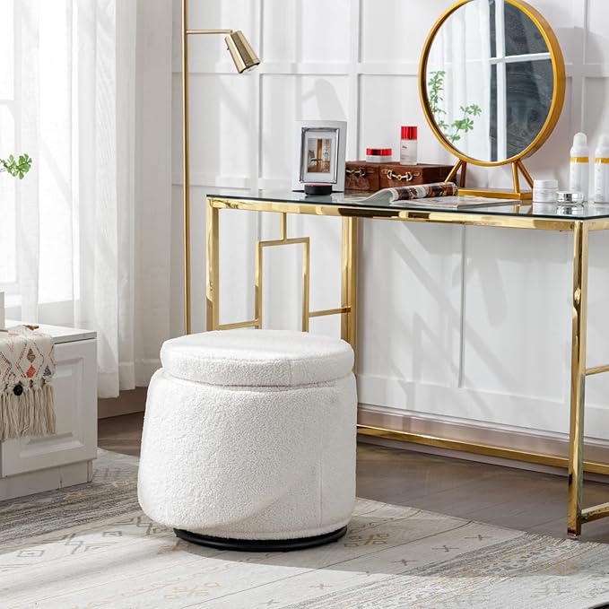 Modern Swivel Ottoman Vanity Chair, Sherpa Upholstered Barrel Club Chairs 360°Degree Swivel Side Chair with Storage, Comfy Makeup Stool for Bedroom Living Room, White