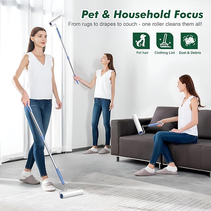 Large Lint Roller for Pet Hair Rxtra Sticky, 5 Refills (3 Short + 2 Long), Lint Remover with Long Handle, Clothes & Furniture