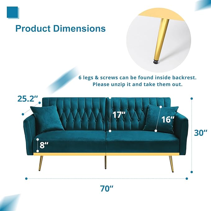 70” Velvet Futon Sofa Bed w/Adjustable Armrests and Backrest, Convertible Futon Couch w/2 Pillows, Modern Sleeper Bed for Living Room, Bedroom, Teal
