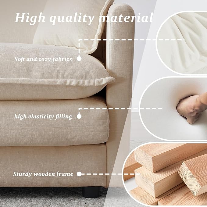 SoarFlash Chenille Sectional Sofa, Comfy Modular Single Sofa with Ottoman, Modern Recliner Deep Seat Sofa Set for Living Room,Light Coffee