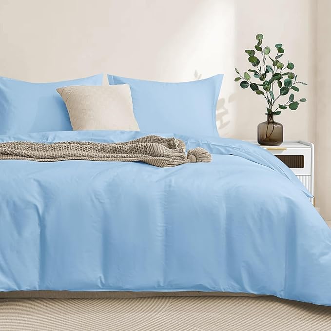 100-Percent Cotton Duvet Cover Set, Hidden Zipper Closure, Ultra Soft, Easy Care and Durable, Simple Bedding Style, Queen, Light Sky Blue (Comforter Not Included)