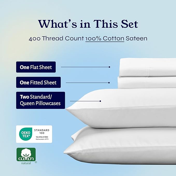 California Design Den Queen Sheet Set - Soft 400 Thread Count Sateen, Natural 100% Cotton Sheets, Deep Pockets with All Around Elastic for a Snug Fit, Durable Bedding Set - Antique White