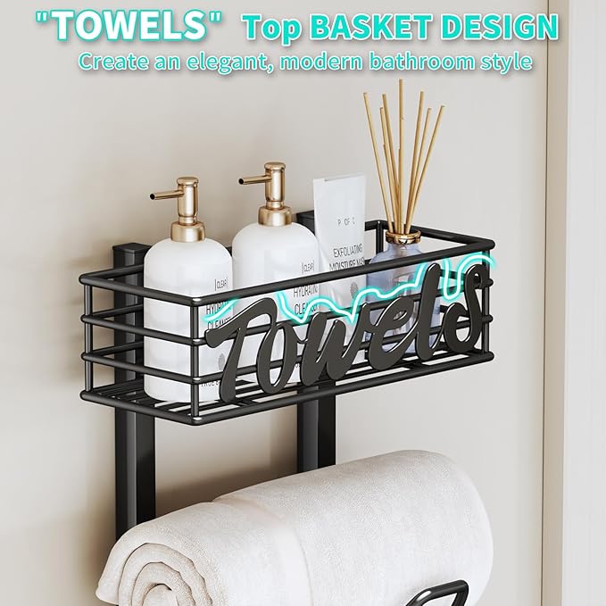 HapiRm Over The Door Towel Rack - 8 Tier Wall Mount Rolled Towel Holder Storage Organizer Shelf with Storage Basket for Small Bathroom, Rv, Camper - Black