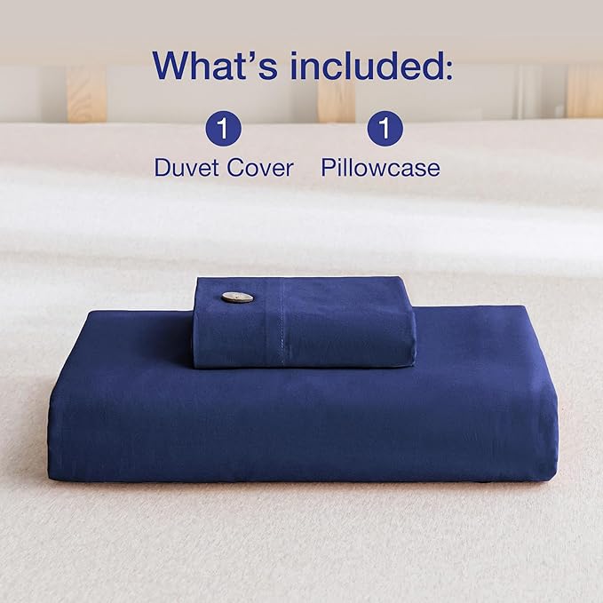 JELLYMONI Cotton Duvet Cover Twin Size - Navy Blue Comforter Cover with Button 100% Washed Cotton 2PCS Breathable Soft Solid Bedding Set Duvet Cover 68×90in & 1 Pillowcase (NO Comforter)