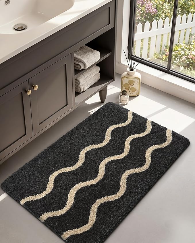 DEXI Wave Striped Bathroom Rug Washable, 24x36 Non Slip Bath Mat Absorbent, Ultra Soft Plush Microfiber Bathmat Quick Dry for Shower Floor, Tub, Sink, Black