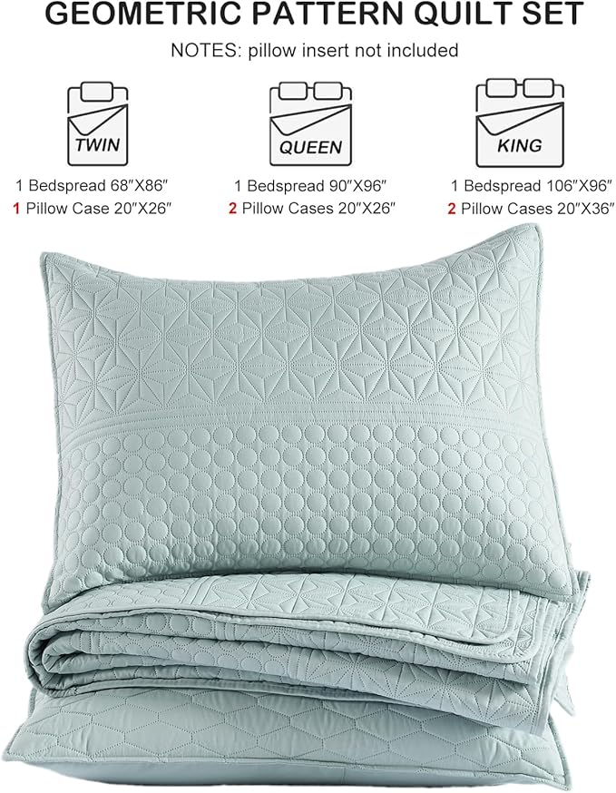 HORIMOTE HOME Sprout Green King Size Quilt Set - Soft Microfiber Bedspread with 2 Shams, Lightweight & All-Season Geometric Coverlet for Cozy Bedding