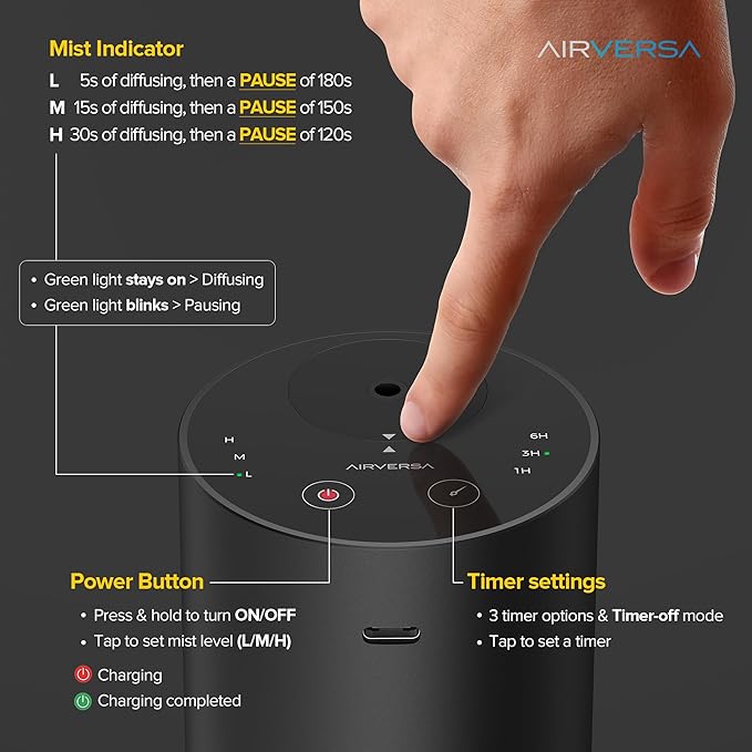 Airversa Waterless Essential Oil Diffuser Starter Kit with 30mL Sandal Lux Fragrance Oil for Car Home Office,Premium Aluminum Housing, Up to 600 sq ft, Aroma Nebulizer Baterry Operated, ADX Kit Black