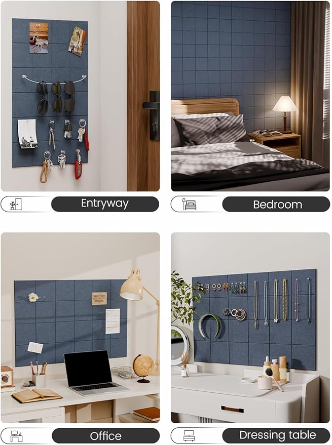 Felt Bulletin Board Tiles -28"x18" Cork Board Alternative for Office Decor, Push Pin Board Wall Organizer 6-Pack-Deep Charcoal Blue