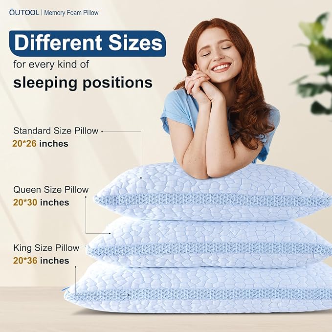 QUTOOL Enhanced Cooling Pillows Queen Size Set of 2,CertiPUR-US Shredded Memory Foam Pillows 2 Pack for Hot Sleeper, Adjustable Bed Pillow for Side, Back, Stomach Sleepers Support Yet Soft, Home Gifts