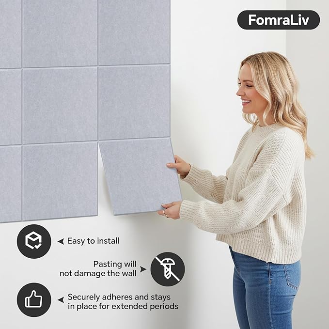 Felt Wall Panels 48x36 Inches 12-Pack Felt Wall Tiles, Wall Mounted Message Board Decorative Memo Board for Home Office Kids Room (Moonlight Gray)
