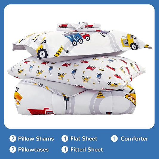 Viviland Kids Full Bedding Sets for Boys, Girls Soft Full Comforter Set with Sheets, 7 Pieces Microfiber Bed in a Bag, White Car Excavator