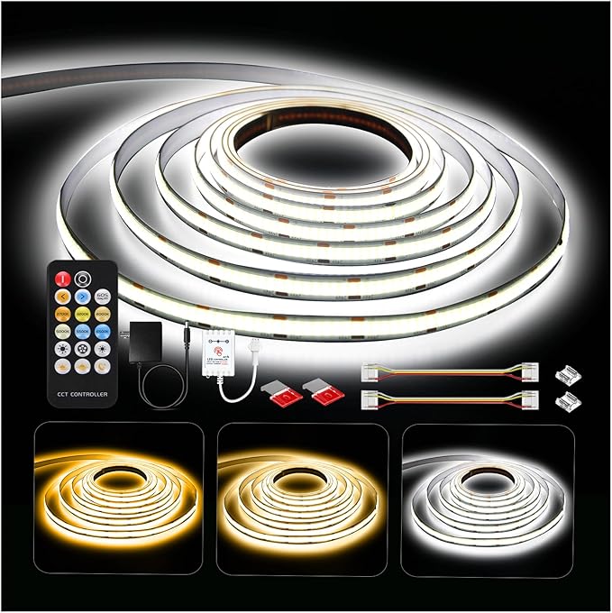 DAYBETTER COB LED Strip Lights, Tunable White(2700K-6500K) COB LED Lights with 3040 LEDs, 24V Adapter, RF Remote, Dimmable High Density Uniform LED Strip for Bedroom, Kitchen, Cabinet, CRI90+, 16.4ft