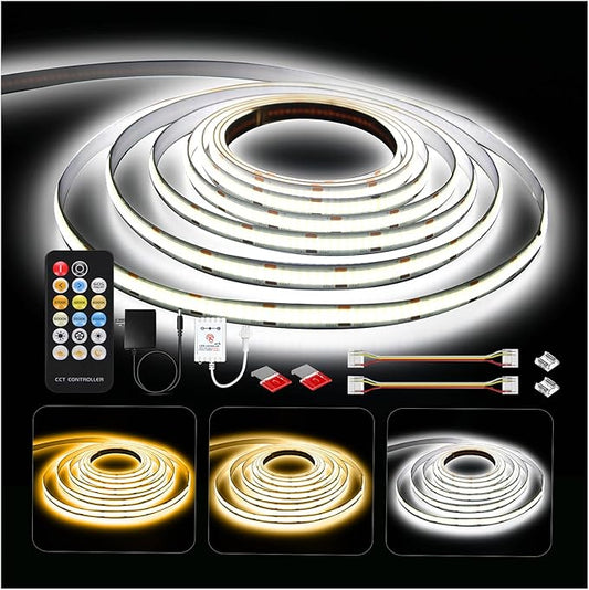 DAYBETTER COB LED Strip Lights, Tunable White(2700K-6500K) COB LED Lights with 3040 LEDs, 24V Adapter, RF Remote, Dimmable High Density Uniform LED Strip for Bedroom, Kitchen, Cabinet, CRI90+, 16.4ft