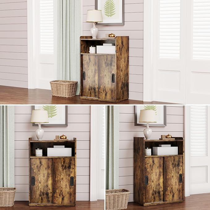Adjustable Storage Cabinet with Sliding Doors, Multi-Functional Organizer with 2-Tier Shelves, Height-Adjustable Design, Compact Cabinet for Bedroom, Living Room, or Office (Retro Brown)
