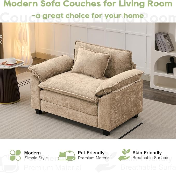 Modular Sectional Sofa, Comfy Cloud Couch Sectional Sofa, Chenille Sofa Sleeper Deep Seat Sofa with Throw Pillows for Living Room (Khaki, 53"- Single Seat)
