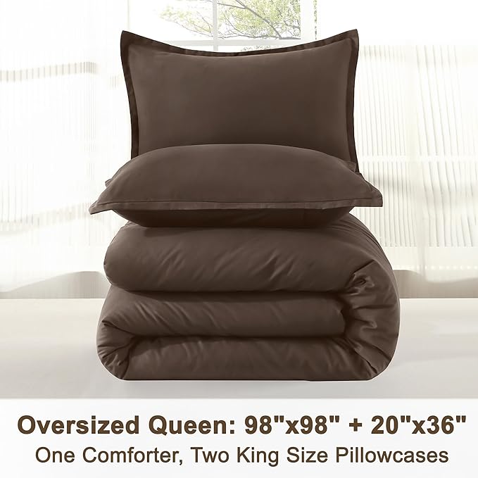 Litanika Comforter Set, Lightweight Solid Bedding Comforter Set, Fluffy Down Alternative Bed Set, Chocolate, Oversized Queen