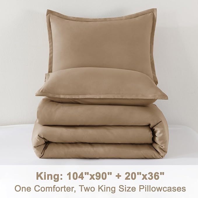 Litanika Comforter Set, Lightweight Solid Bedding Comforter Set, Fluffy Down Alternative Bed Set, Amber Brown, King