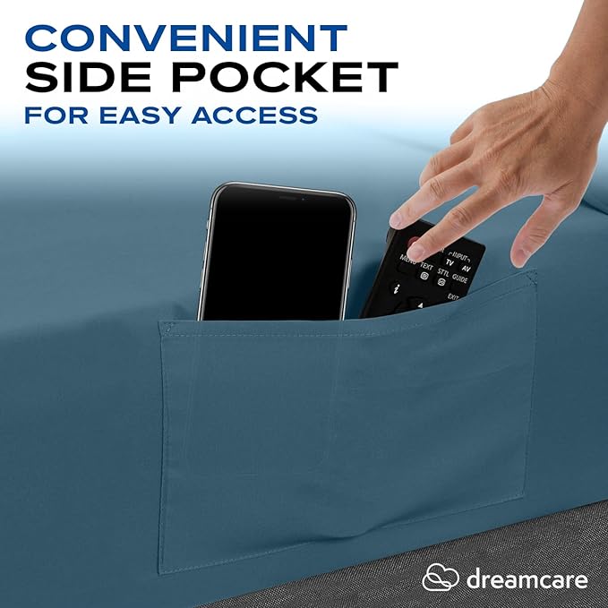 DREAMCARE Full Size Sheets Set - 4 Pcs Cooling Bed Sheets with Up to 15" Deep Pockets - Soft, Long-Lasting 100% Brushed Polyester with Side Pocket (Mineral Blue) DREAMCARE