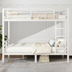 Full Over Full Bunk Bed, Metal Bunk Bed Frame Heavy Duty Bunk Beds Loft Bed Frame with Ladder and Guardrail Metal Slats No Box Spring Required for Adults Teens, White