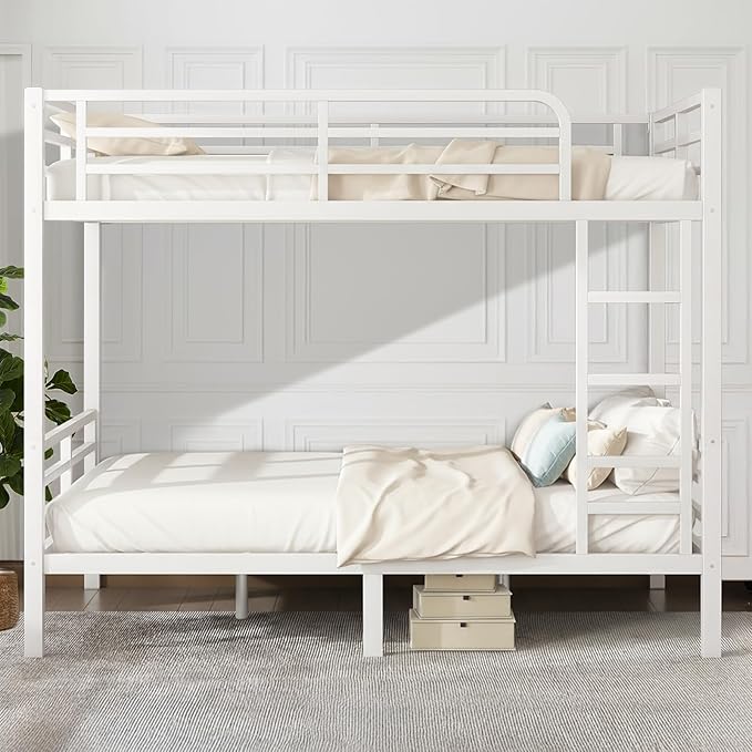 Full Over Full Bunk Bed, Metal Bunk Bed Frame Heavy Duty Bunk Beds Loft Bed Frame with Ladder and Guardrail Metal Slats No Box Spring Required for Adults Teens, White