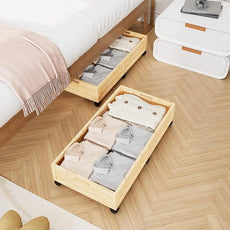 Bamboo Under Bed Storage Containers, Rolling Underbed Organizer with Wheels, Sturdy Under the Bed Shoe Storage Bins, Stackable Underbed Drawers for Bedroom Closet Clothing Toy 2 Packs (Natural, Large)