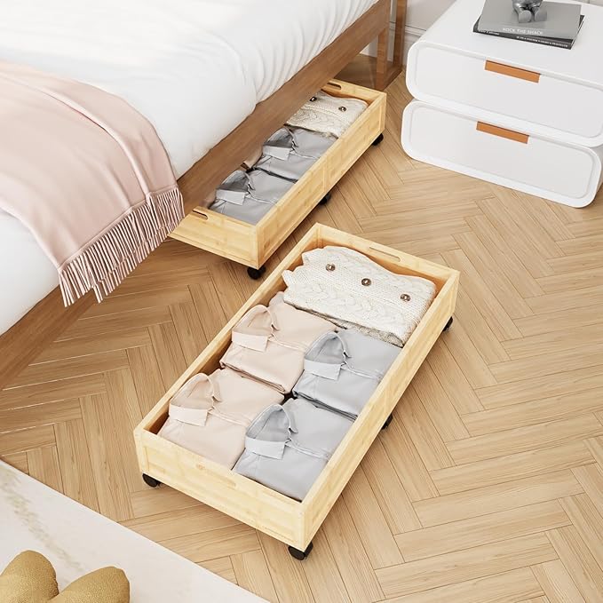 Bamboo Under Bed Storage Containers, Rolling Underbed Organizer with Wheels, Sturdy Under the Bed Shoe Storage Bins, Stackable Underbed Drawers for Bedroom Closet Clothing Toy 2 Packs (Natural, Large)