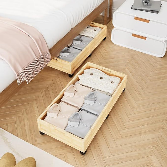 Bamboo Under Bed Storage Containers, Rolling Underbed Organizer with Wheels, Sturdy Under the Bed Shoe Storage Bins, Stackable Underbed Drawers for Bedroom Closet Clothing Toy 2 Packs (Natural, Large)