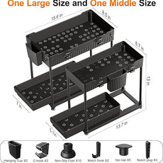 Under Sink Organizer, Bathroom Organizers and Storage, 2 Tier Multi-Use Pull Out Cabinet Organizer with Hang Hooks and Cups (Black, 2 Pack)