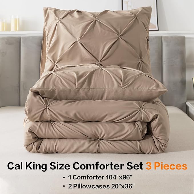 Andency California King Comforter Set Taupe (104x96Inch), Pinch Pleat Cal King Comforter Set 3 Pieces, Oversized King Pintuck Bed Comforter, Microfiber Down Alternative Comforter Bedding Set