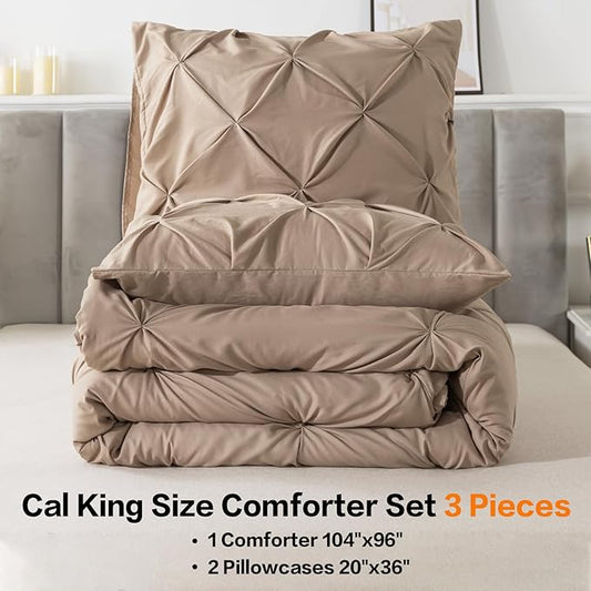Andency California King Comforter Set Taupe (104x96Inch), Pinch Pleat Cal King Comforter Set 3 Pieces, Oversized King Pintuck Bed Comforter, Microfiber Down Alternative Comforter Bedding Set