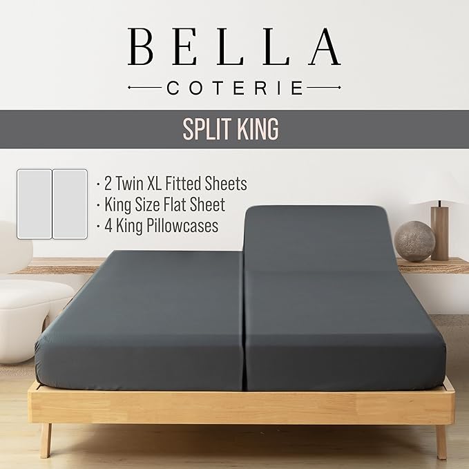 Bella Coterie 7 Piece Luxury Bamboo Viscose Split King Size Sheet Set | 2 Fitted Sheets for Adjustable Beds | 100% Organically Grown | Cooling for Hot Sleepers | 4 Pillowcases [Charcoal Grey] BC