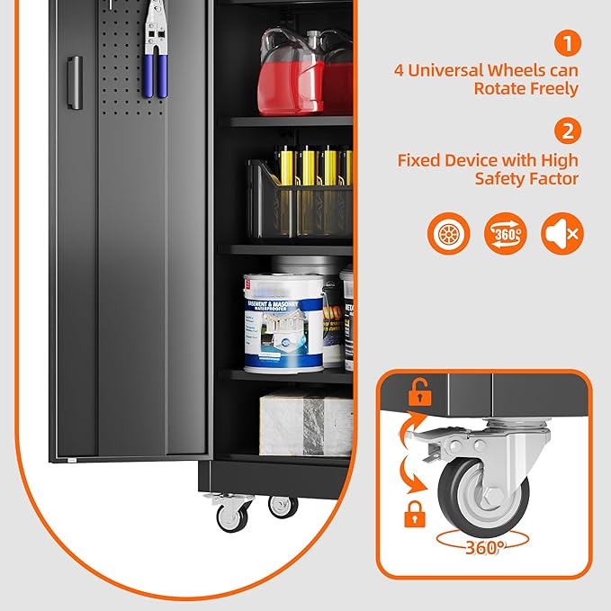 SUXXAN Garage Storage Cabinet with Wheels Pegboard and 5 Adjustable Shelves, 71'' x 32'' x 16''Metal Lockable Cabinet with Magnetic Doors,Tool Storage,Home Office Garage,Gym,School (Black)