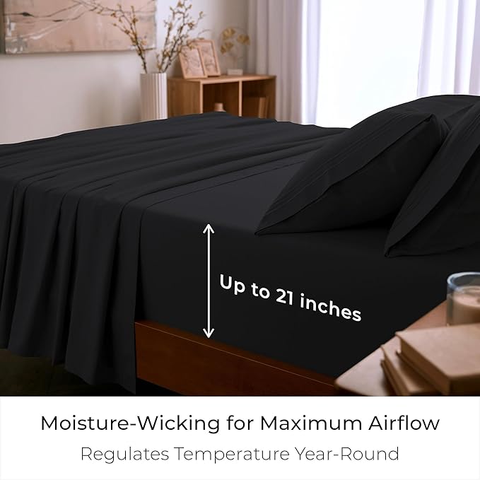 Mellanni King Sheet Set - 6-Piece Iconic Collection Bedding, (Including 4 Pillowcases), 21-Inch Extra Deep Pocket, Easy Care, Ultra Soft, Cooling Sheets, Brushed Microfiber - Black