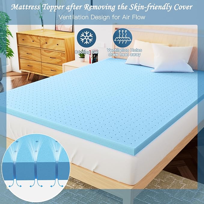 Airensky Memory Foam Mattress Topper Twin XL (39x80), 2 Inch Cooling Gel Infused High Density Topper with Removable Skin-Friendly Cover, Pressure Relief Back Pain, College Dorm, CertiPUR-US Certified
