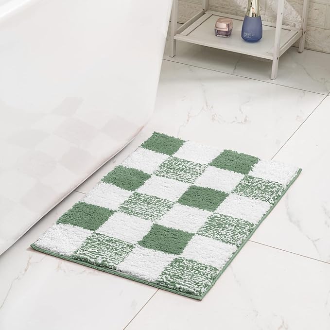 CozeCube Bath mats for Bathroom Non Slip, Fluffy Absorbent Microfiber Bath mat Washable, Aesthetic Bathroom Rugs, Long Sage Green Checkered Bath Runner, Sage Green, 59" x 24"