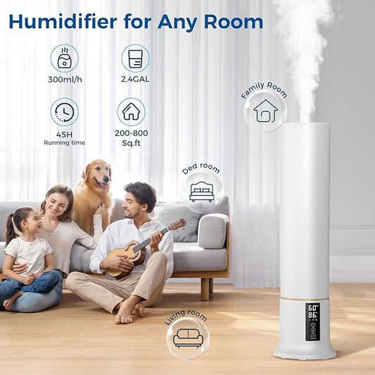 Humidifier Large Room,2.4Gal Cool Mist Humidifiers for Bedroom 9L High Capacity 24dB Quiet Air Humificador fit Removable Water Tank 360° Adjustable, Top Fill & Easy Clean with Remote Control （White）