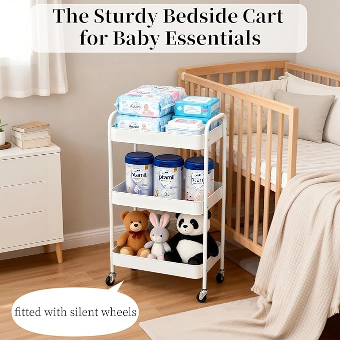Metal 3 Tier Rolling Cart with Wheels for Kitchen Storage & Laundry Room Organization, Bedside Cart with Handle and 4 Hooks, Versatile Large Capacity Art & Craft Storage Organizer, White