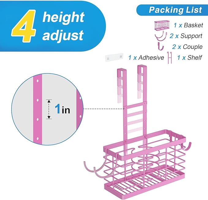 Hair Tool Organizer, 3-in-1 Universal Hair Dryer Holder, Adjustable Height Metal Blow Dryer Holder Wall Mounted/Over Cabinet Door/Free-Standing (Pink)