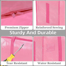 6 Pack-Extra Large Heavy Duty Moving Bags - Waterproof Storage Totes with Handles & Zippers, Foldable for College Dorm, Storage (Pink)