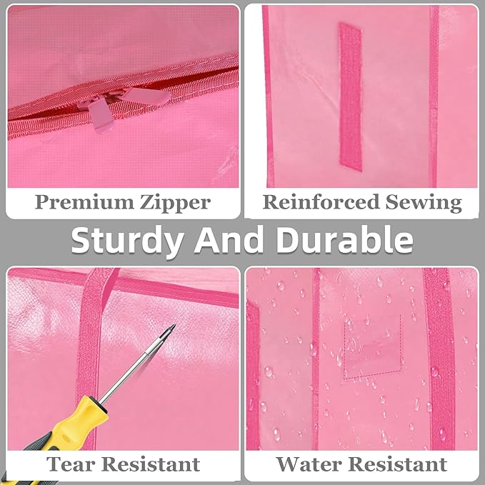 6 Pack-Extra Large Heavy Duty Moving Bags - Waterproof Storage Totes with Handles & Zippers, Foldable for College Dorm, Storage (Pink)
