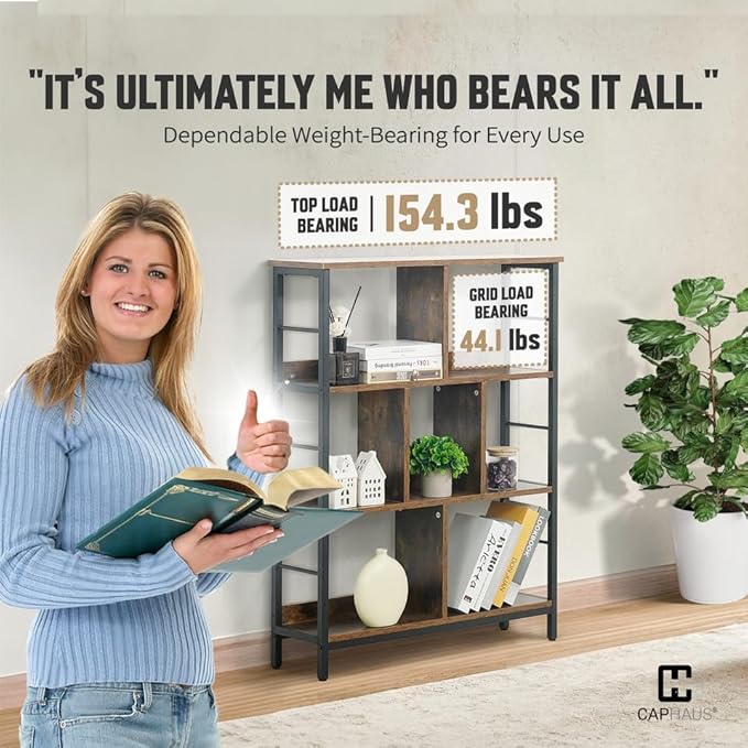 CAPHAUS 7 Cube Storage Organizer, 32” Wide 3 Tier Rustic Oak Industrial Open Shelf Bookcase, Display Shelf, Horizontal Bookshelf with Metal Frame, Wooden Board, for Living Room, Bedroom, Office