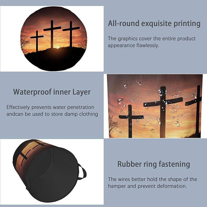 Cross Sunset Laundry Basket,Foldable with Handles Tote Bag Oxford Cloth for Bathroom Bedroom Dirty Clothes Storage Bucket 16" x 20.8"