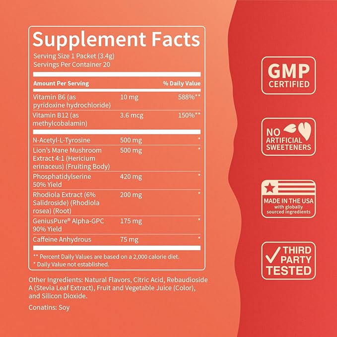 Nello Superfocus Fruit Punch with Caffeine– Nootropic Focus Drink Mix, 20 On-The-Go Packets, Alpha GPC, Lion’s Mane, Rhodiola, Sugar-Free