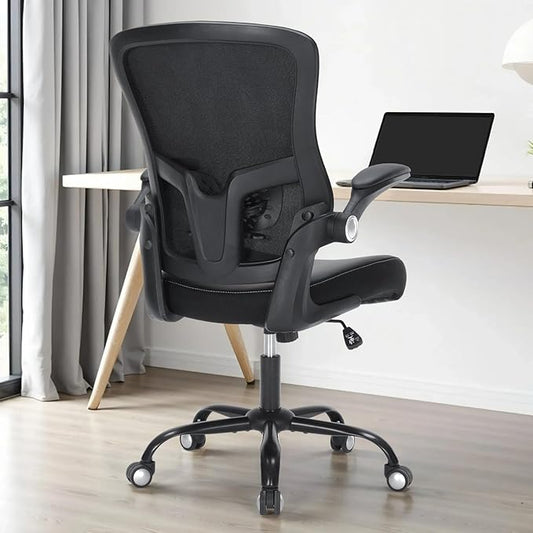 Ergonomic Office Chair, Mid Back Breathable Mesh Desk Computer Swivel Chair with Adjustable Lumbar Support,Flip up Arms,PU Leather Cushion for Home Office, Black