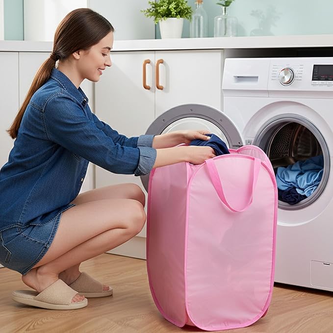 Foldable Laundry Basket, Pop Up Laundry Hamper with Handles, Collapsible Basket with Handy Pocket, Privacy Protection, Easy Carry Reinforced Clothes Hamper for Dorm, Bedrooms, Bathrooms, Travel Pink