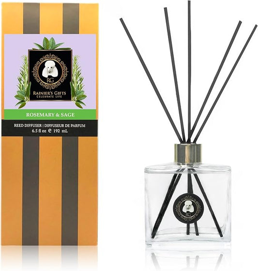 Rainier’s Gifts Reed Diffuser Set (Rosemary & Sage) - Scented Oil Diffuser Sticks - Home Fragrance Aromatherapy Air Freshener 6.5 fl oz