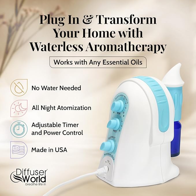 1000 Sq Ft Waterless Diffuser for Essential Oils, Made in USA Blue Waterless Aroma Atomizer for Large Room Fragrance, Home Scent Machine, Air Aromatherapy Holiday