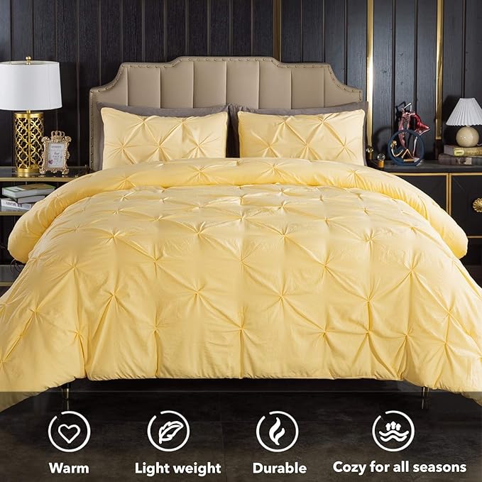 Andency Yellow Pinch Pleat Comforter Full(79x90Inch), 3 Pieces Pintuck Comforter Comforter Set, Microfiber Down Alternative Bed All Season Bedding Set